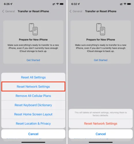How to access Reset Network Settings screen on iPhone general settings