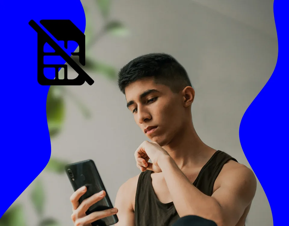 Visual representation of a person looking annoyed at his phone for not working properly